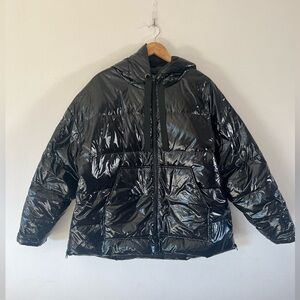 Essentiel Antwerp Black Gloss Oversized Quilted Duck Down Hooded Puffer Jacket